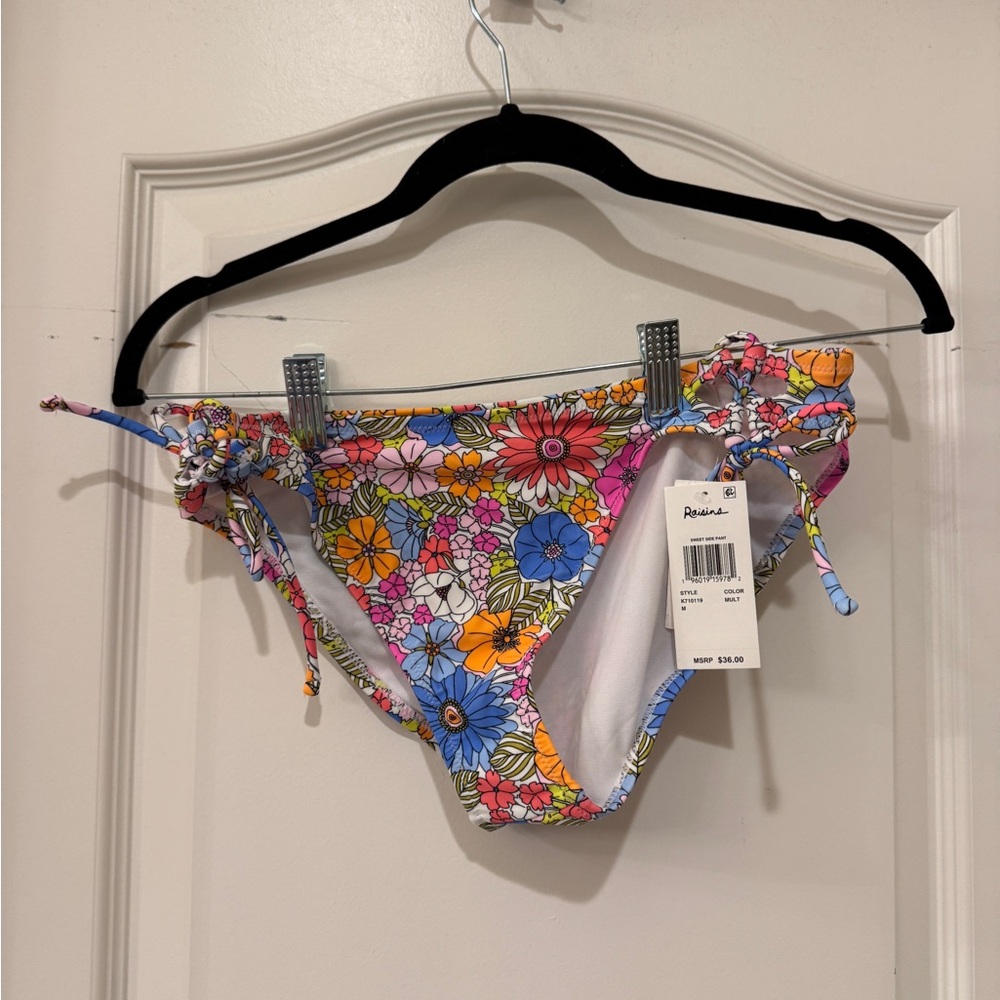 Raisins bright floral on white background bikini bottom NWT size Med